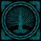 Druidic Yggdrasil tree at night, round silhouette, black and blue logo. Gothic ancient book style