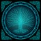 Druidic Yggdrasil tree at night, round silhouette, black and blue logo. Gothic ancient book style