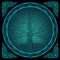 Druidic Yggdrasil tree at night, round silhouette, black and blue logo. Gothic ancient book style