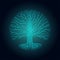 Druidic Yggdrasil tree at night, round silhouette, black and blue logo. Gothic ancient book style