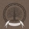 Druidic Yggdrasil tree at night, round silhouette, cream and brown grunge logo. Gothic ancient book style, vector image.