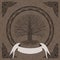 Druidic Yggdrasil tree at night, round silhouette, cream and brown grunge logo. Gothic ancient book style, vector image.