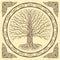 Druidic Yggdrasil tree, round, brown logo. Gothic ancient book style