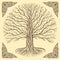 Druidic Yggdrasil tree, round, brown logo. Gothic ancient book style