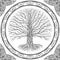 Druidic Yggdrasil tree, round gothic logo. ancient book style