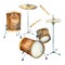 Drum kit, cymbal musical instrument watercolor illustration isolated.