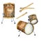 Drum kit, drumsticks watercolor illustration isolated on white.