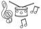 Drum with notes and treble clef, illustration for children, black and white, isolated.