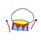 Drum percussion musical instrument in a deliberately childish style. Child drawing. Sketch imitation painting felt-tip pen or