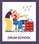 Drum school advertising poster template, flat vector illustration.
