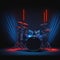 Drum Set On Club Podium Stage, Ready For Music Rock Concert, Music Performance, Neon Colors Spot Lights, Generative AI