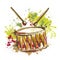 Drum with splashes in watercolor style.