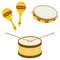Drum, tambourine, maracas. Musical percussion instruments.