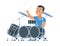 Drummer. Cartoon boy with percussion musical instruments. Young man playing drums. Member of rock group or solo player