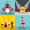 Drummer drum rock musician icons set, flat style