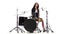Drummer girl starts playing energetic music, she smiles. White background. Slow motion