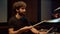 Drummer man hitting drum cymbal in concert hall. Artist speaking in studio.