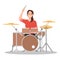 Drummer musician playing modern music at drum kit. Girl player, solo performer with drumsticks performing on percussion instrument