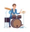 Drummer performance. Classic male musician character in blue dress plays on drum set, percussion instrument acoustic