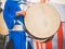 Drummer performance, Taiko Drum, Japanese folklore. Japanese artist perform at Bon Festival in blue kimono with big drum