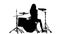 Drummer vigorously plays the drums, her wand. White background. Silhouette