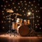 Drumset on spotlight on empty stage golden lights