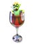 Drunk 3d Halloween zombie monster climbs out of a glass of red wine, 3d illustration