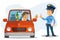 Drunk driver. Drunk driving is prohibited. A policeman wants to arrest a driver for drinking alcohol. Vector illustration