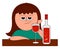 Drunk girl drinking wine, illustration, vector