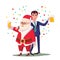 Drunk Man And Santa Claus Vector. Corporate Christmas Party At Restaurant Or Office. Relaxing Celebrating Concept