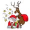 Drunken Santa Claus sleeps. deer carries a bag.