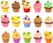 DrVector illustration of various kinds of cup cakes with colorful toppings and frosting