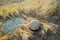 Dry arid grass and big rock on a swamp riverbed in Jutland, Denmark. Rustic nature landscape and background of