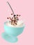 Dry breakfast with cereals for children isolated on pink. Food levitation