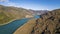 Dry canyon with river and rocks aerial view