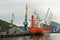 Dry cargo ship Vladimir Myasnikov and port cranes in the Avacha Bay.