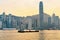 Dry cargo vessel at Victoria Harbor of Hong Kong sunset