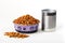 dry cat dog food in granules in cute bowl and wet canned food