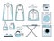 Dry cleaners or laundry room isolated icons, washing machine and ironing board