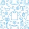 Dry cleaning, laundry blue seamless pattern with line icons. Laundromat service equipment, clothing repair, garment