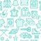 Dry cleaning, laundry blue seamless pattern with line icons. Laundromat service equipment, washing machine, clothing