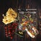 Dry colorful Italian pasta farfalle or bows and fettuccini with glass jar, tomatoes, rosemary, fork and knife