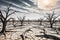 Dry Cracked Earth Sprawling Across the Terrain: Dead Trees with Barren Branches Stretched Towards a Harsh Sky