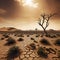 A dry desert caused by climate change with a tree and bushes.