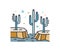 Dry desert line art scenery. Wild land with cactus plants contour sign. Simple colorful mexican landscape with rocks and