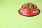 Dry dog food in feeding bowl on light green background. Space for text