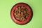 Dry dog food in feeding bowl on light green background, top view