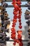 Dry eggplant and dry bell chili hanging in the market, local ingredient, closeup selective focus on blurred background