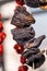 Dry eggplant and dry bell chili hanging in the market, local ingredient, closeup selective focus on blurred background