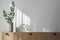 Dry eucalyptus branches in modern minimalist grey vase on wooden TV stand with beautiful shadows from sun on white wall.